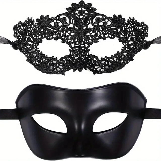 Pair of black lace masquerade eye masks for couples