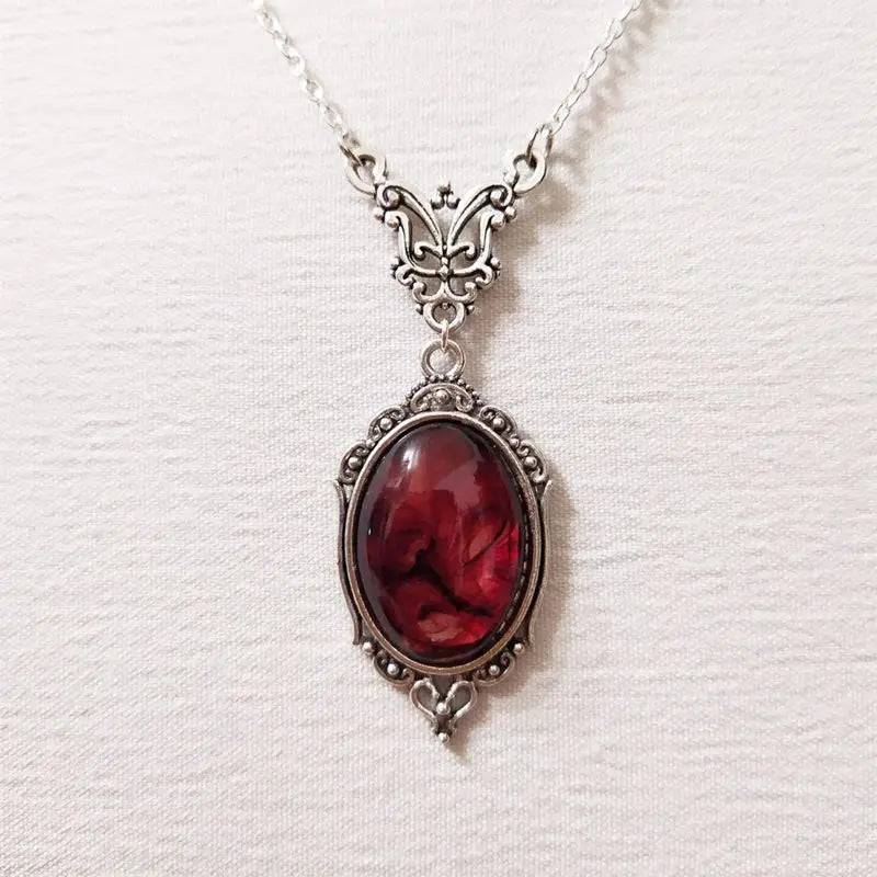 Gothic blood red quartz oval pendant vampire necklace