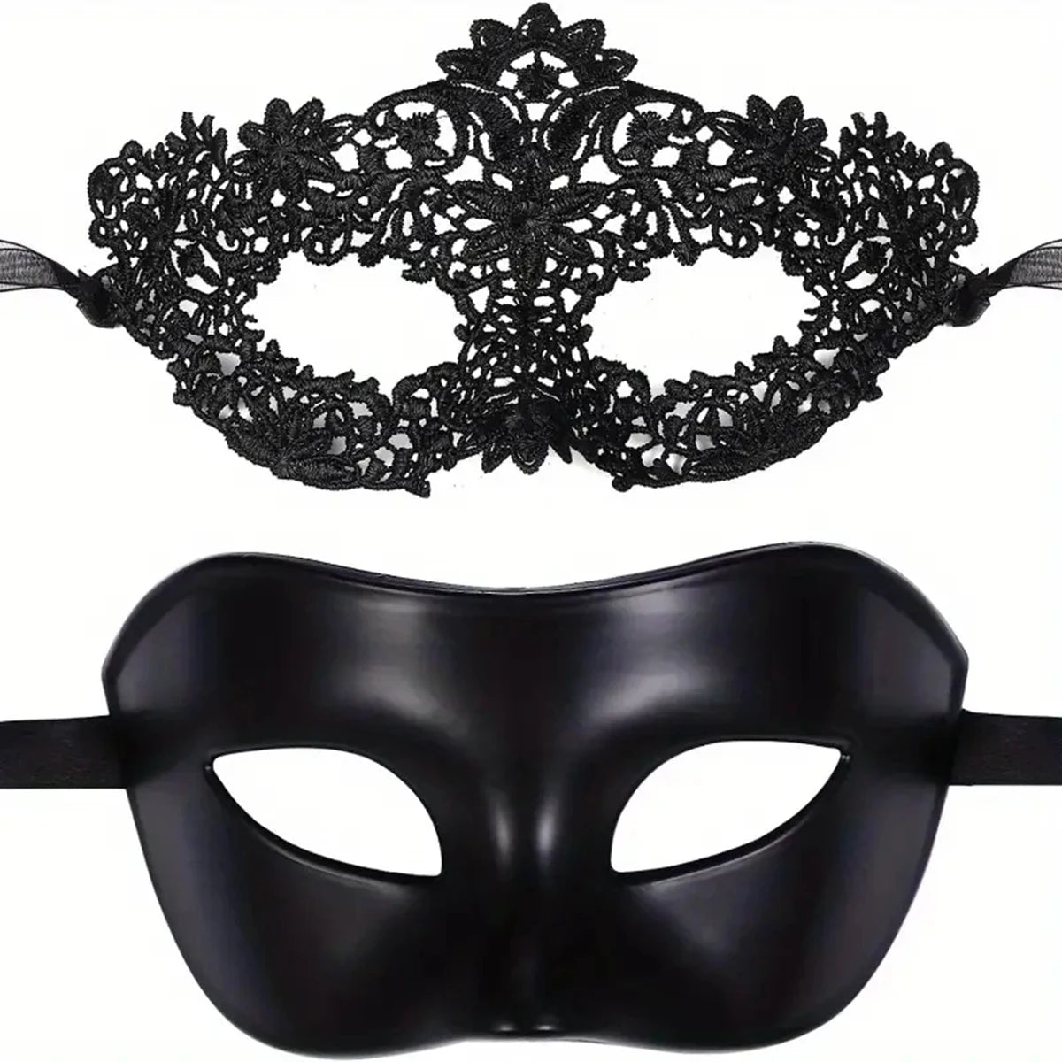 Pair of black lace masquerade eye masks for couples