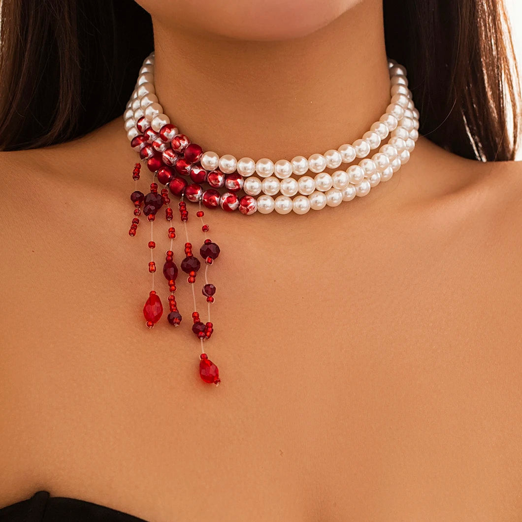 Vintage gothic pearl and blood pattern tassel pendant necklace