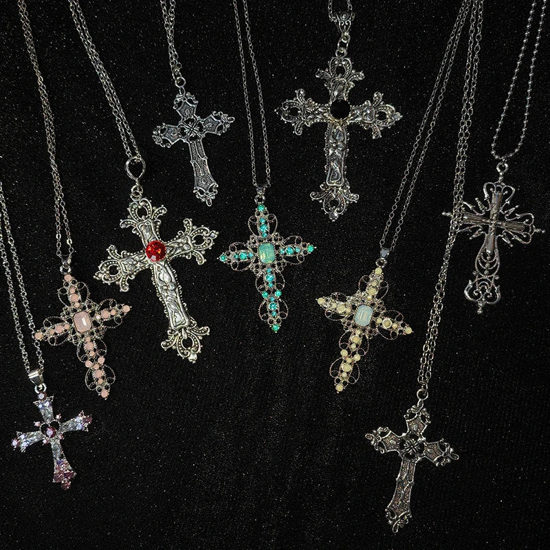 Large gothic zircon cross pendant unisex necklace