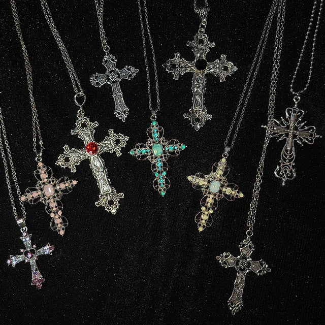 Large gothic zircon cross pendant unisex necklace