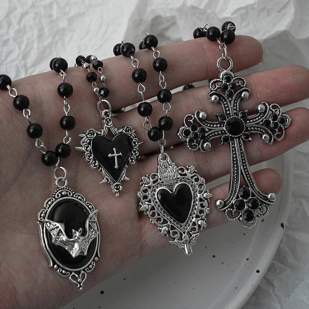 Layered gothic bat and cross pendant necklace set