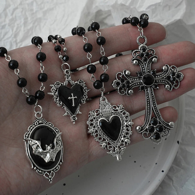 Layered gothic bat and cross pendant necklace set