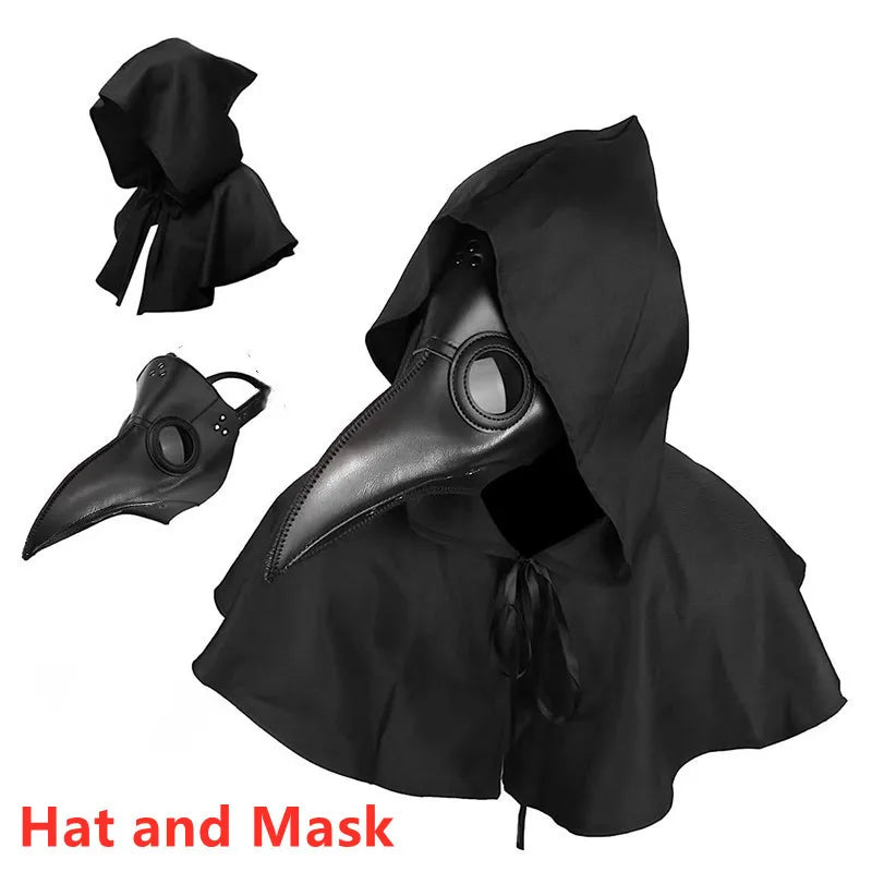 Plague doctor long beak mask and hooded cloak costume set