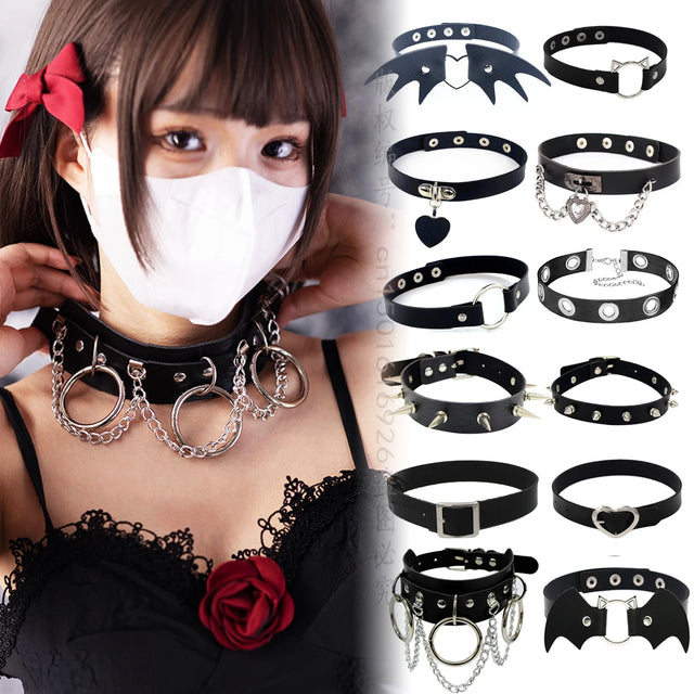 Punk black PU leather choker collar with heart lock and spikes