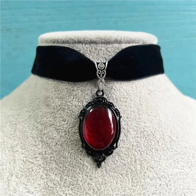 Gothic black velvet choker necklace with blood red pendant