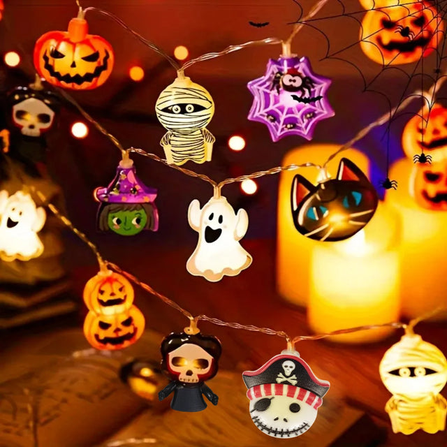 Halloween LED string lights with ghost witch pumpkin spider silhouettes